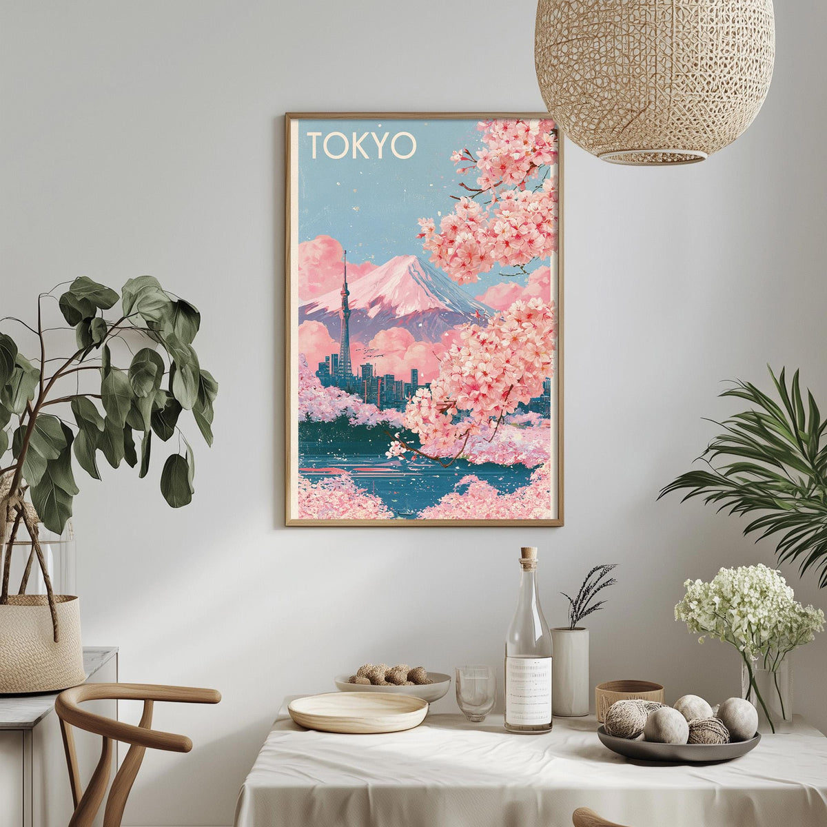 a framed poster of a cityscape with cherry blossoms hanging on a wall, surrounded by potted plants and a dining table with various items on it.