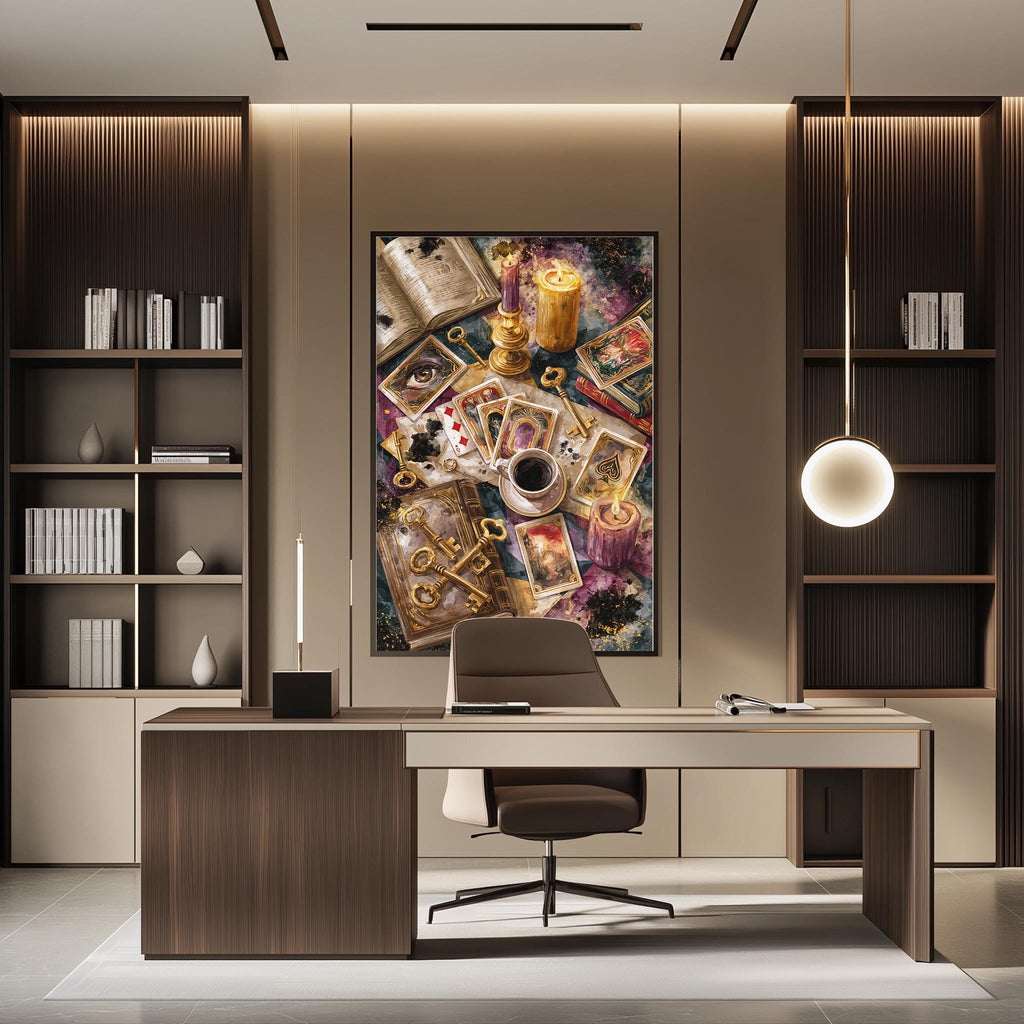 a modern and stylish office space with a large framed artwork featuring a vibrant and intricate collage of various objects, including books, cards, and other decorative items. The office has a sleek and contemporary design, with a wooden desk, a comfortable chair, and a pendant light hanging above the desk.