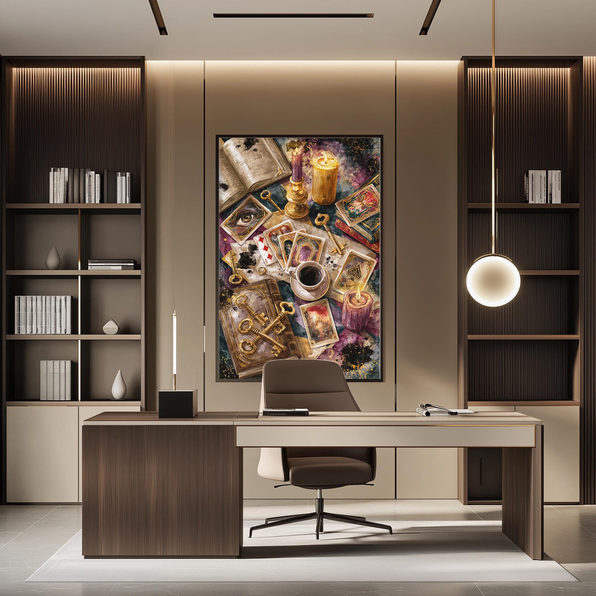 a modern and stylish office space with a large framed artwork featuring a vibrant and intricate collage of various objects, including books, cards, and other decorative items. The office has a sleek and contemporary design, with a wooden desk, a comfortable chair, and a pendant light hanging above the desk.