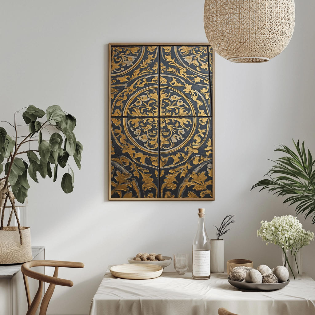 a dining room with a white tablecloth, a decorative wall hanging, and various decorative elements such as potted plants and vases.