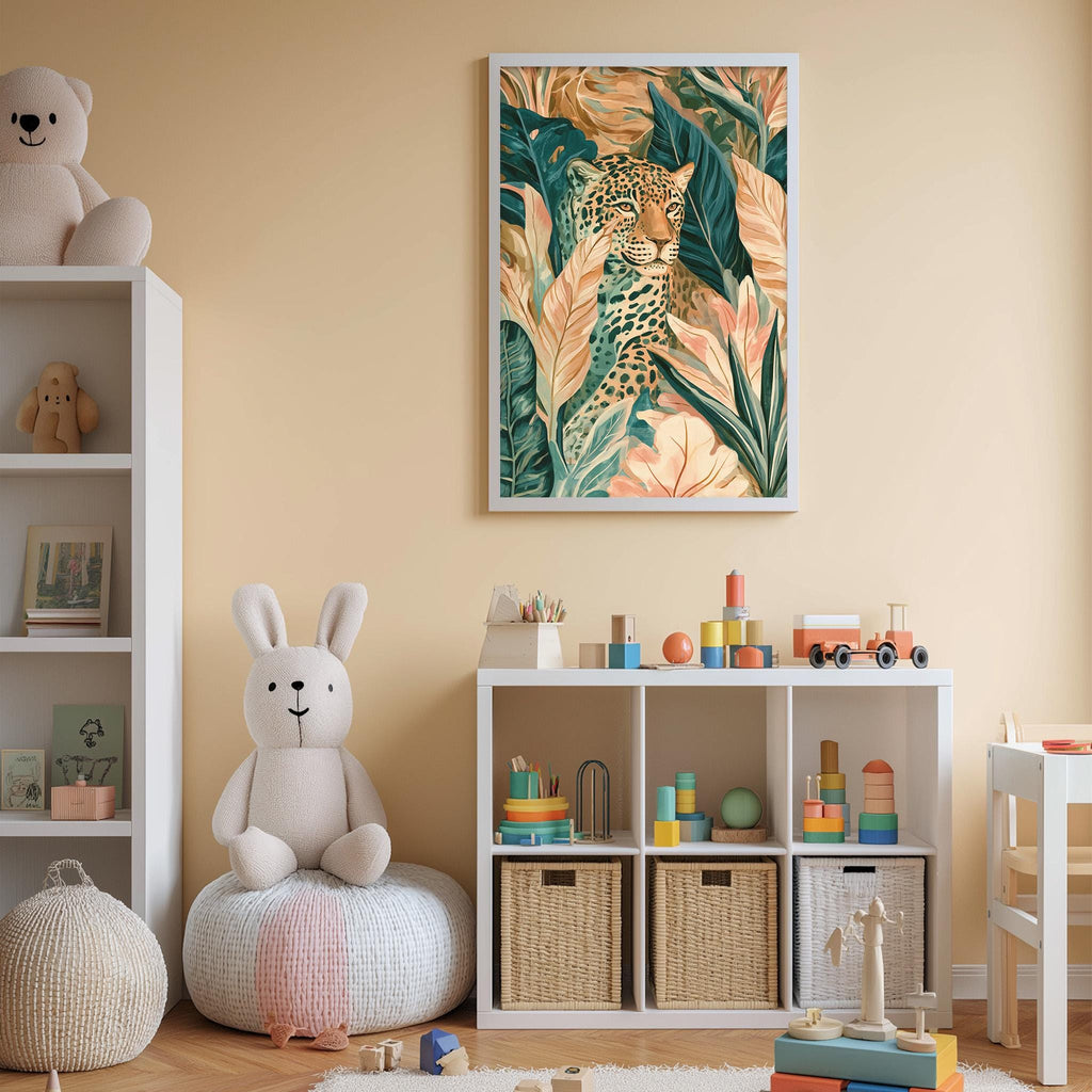 A cozy and colorful children's bedroom with a large stuffed animal rabbit, a bookshelf filled with toys, and a framed print of a leopard surrounded by tropical foliage on the wall.