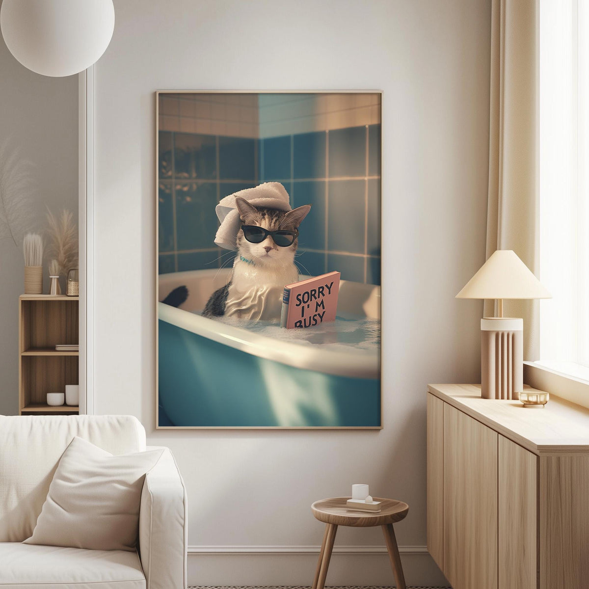 A cat wearing sunglasses and a towel is sitting in a bathtub, holding a sign that says "Sorry I'm Busy".