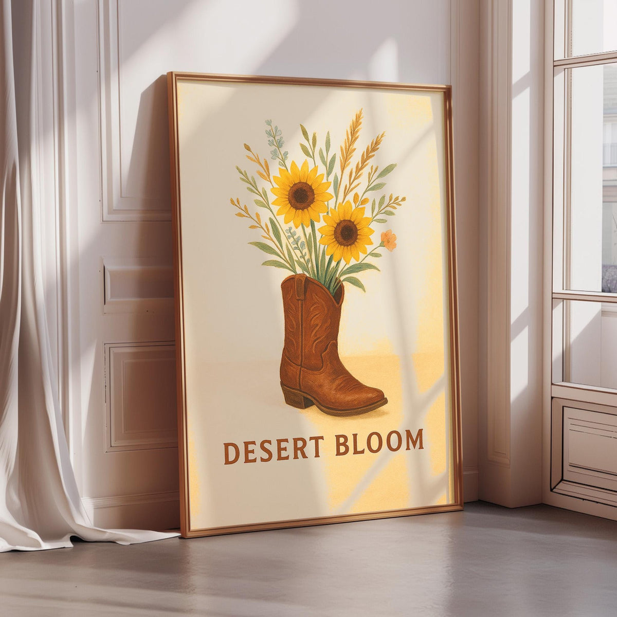 A framed poster with a picture of a brown cowboy boot filled with sunflowers and greenery, placed on a white wall near a window.