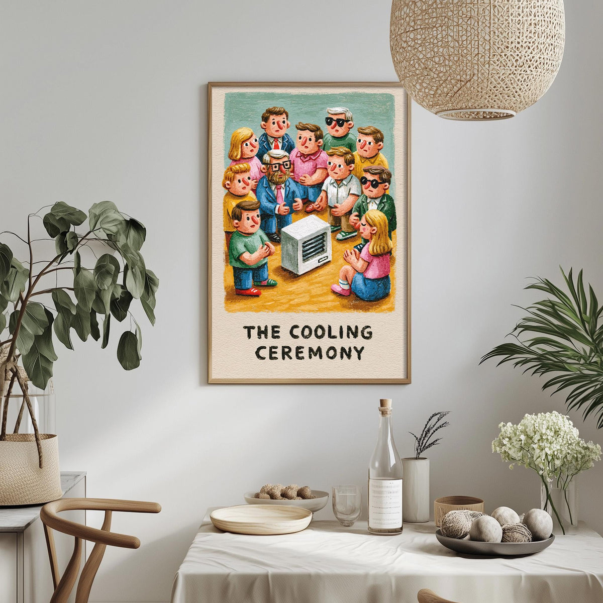 a framed illustration of a group of people gathered around a small television, with the text "THE COOLING CEREMONY" below the image.