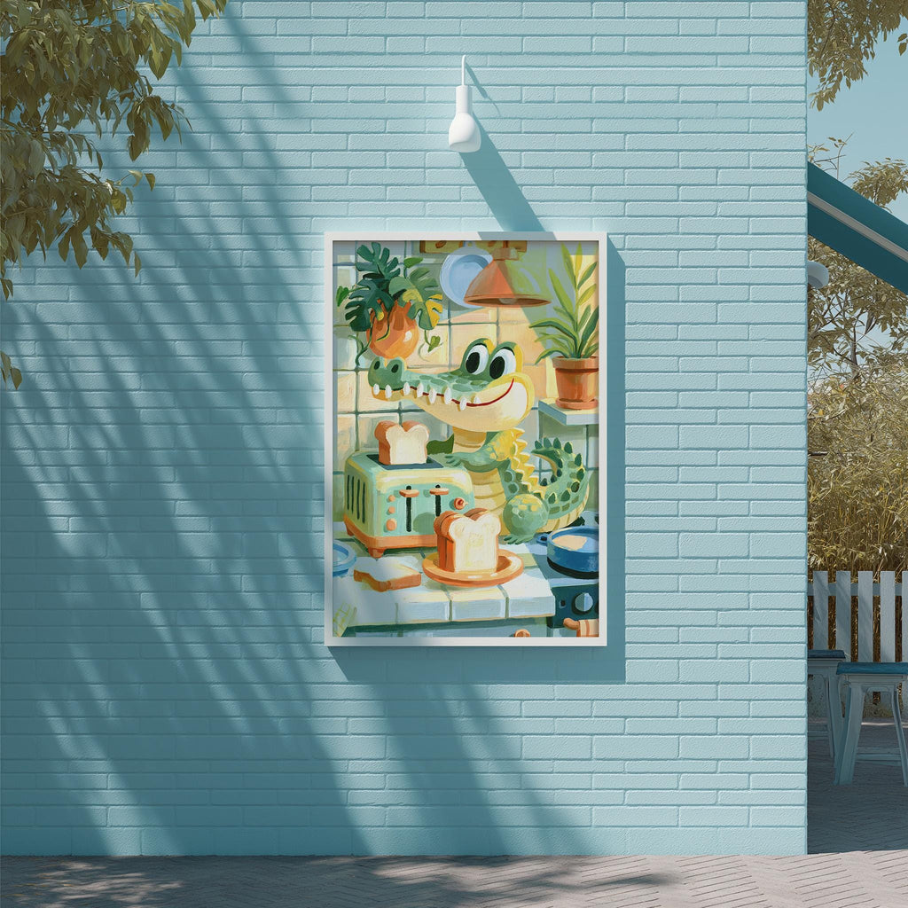 A framed illustration of a cartoon crocodile holding a toaster and bread on a wall, with a potted plant and other objects in the background.