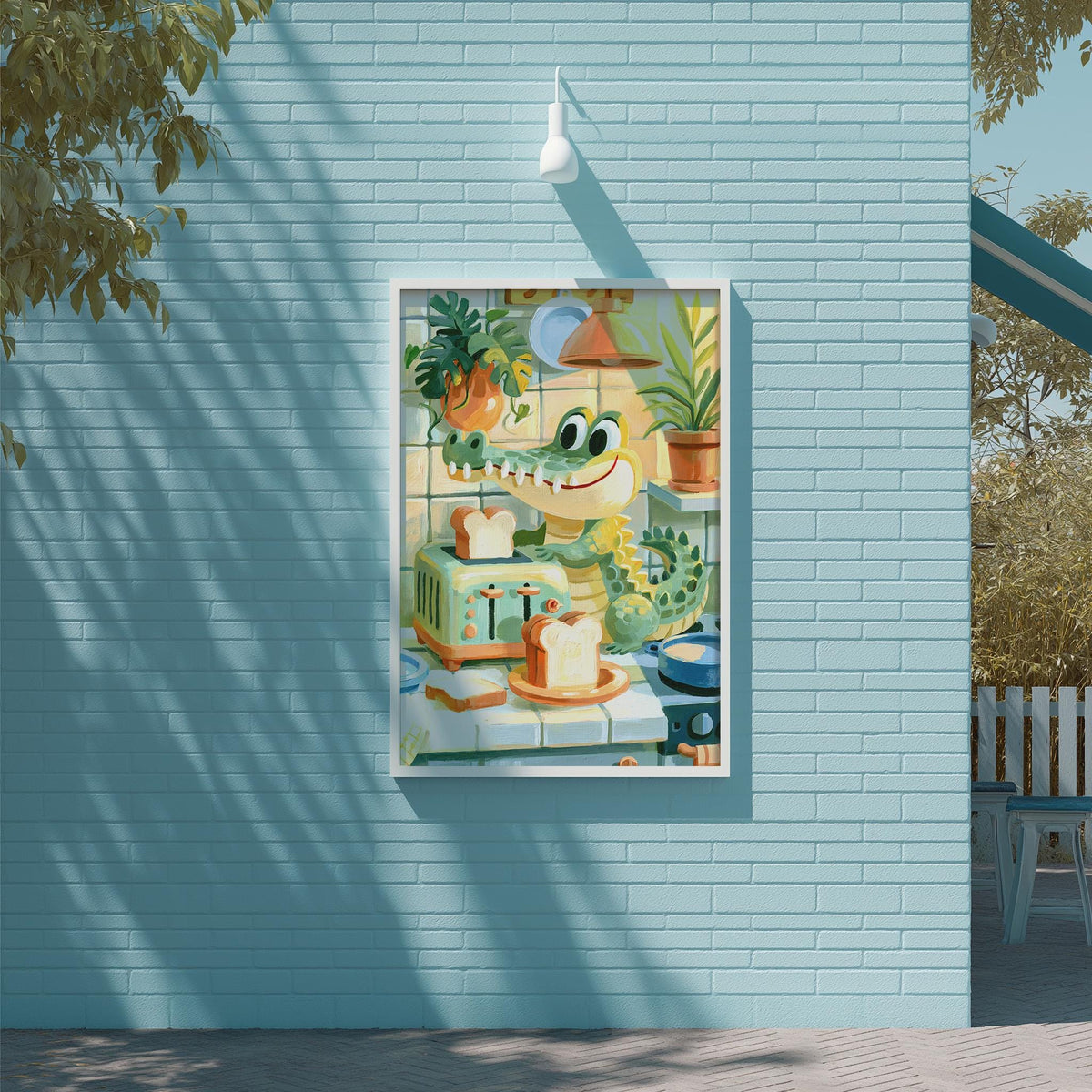 A framed illustration of a cartoon crocodile holding a toaster and bread on a wall, with a potted plant and other objects in the background.