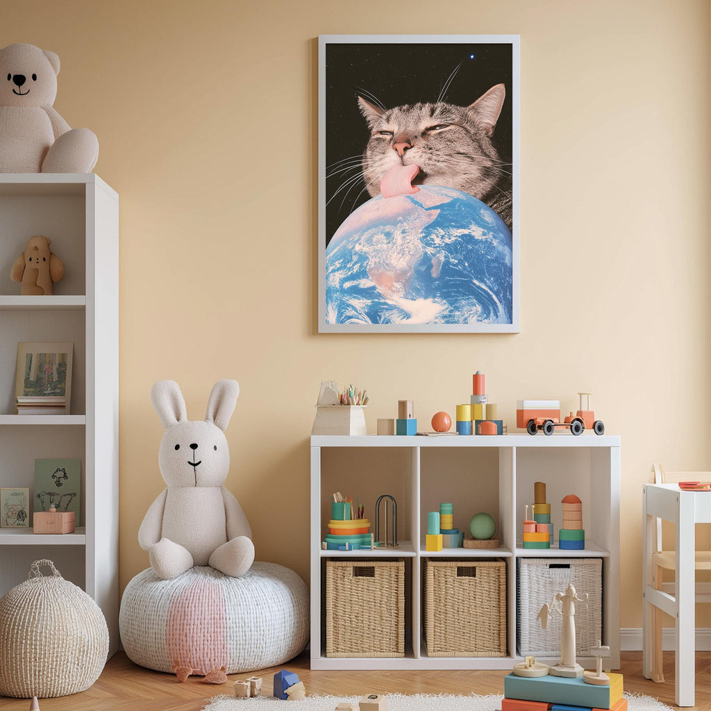 A cozy children's room with a large framed picture of a cat licking a globe, a stuffed rabbit, and a toy train on a shelf.