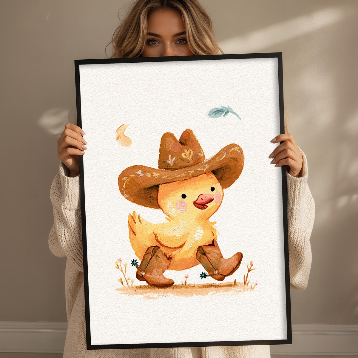 A woman is holding up a framed illustration of a cartoon duck wearing a cowboy hat and boots, with a feather floating in the air.
