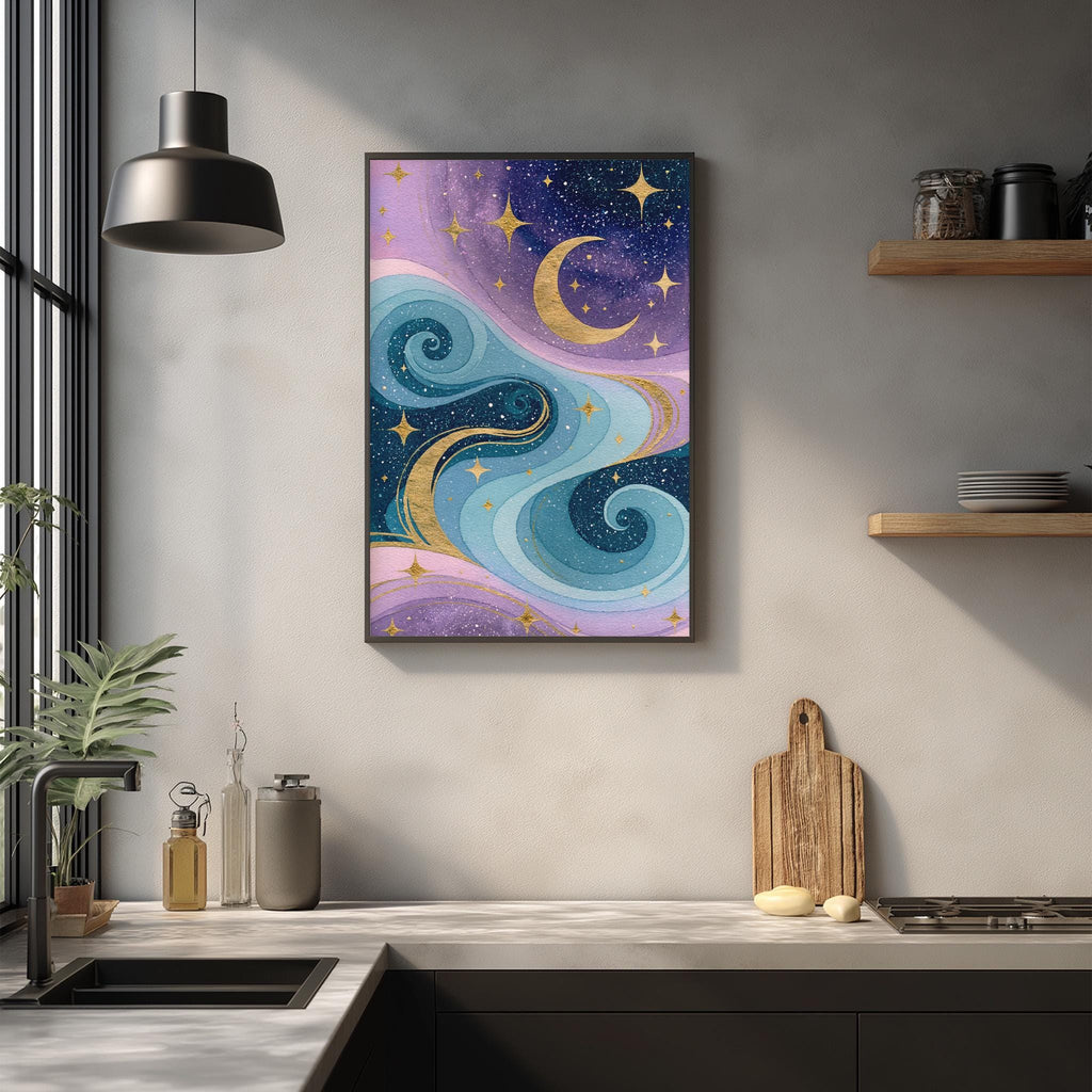 a kitchen counter with a wooden cutting board, a plant, and various kitchen items such as a bottle and a cup. Above the counter, there is a framed artwork depicting a night sky with stars and a crescent moon.