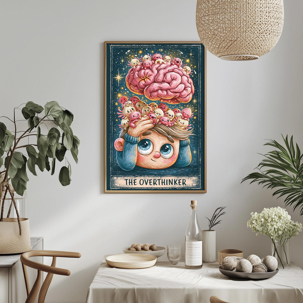 a framed illustration of a cartoon character with a pink brain, surrounded by various objects, including a plant, a bottle, and a bowl of fruit, all set against a starry background.