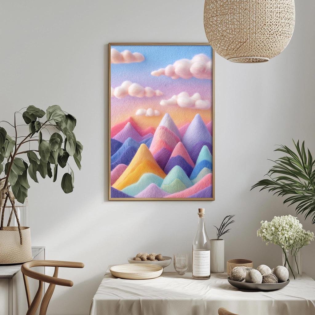 a vibrant and colorful painting of mountains, with a serene and dreamy atmosphere. The painting is hung on a wall above a dining table, which is set with various items such as a bottle, a bowl, and a vase. The table is surrounded by chairs, creating a cozy and inviting dining space. The overall scene is a harmonious blend of art and everyday life, with the painting serving as a focal point in the room.