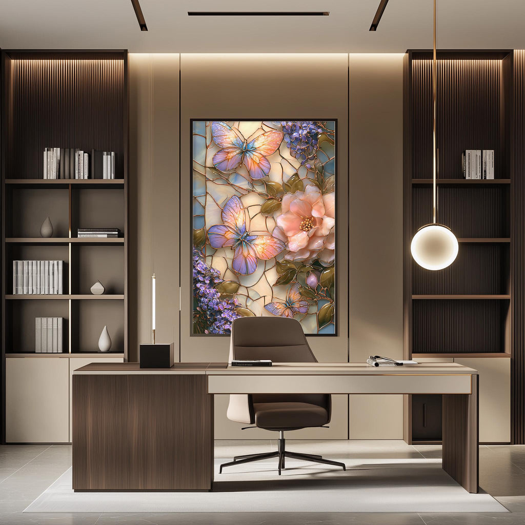 a modern and well-lit office space with a large, colorful painting of butterflies and flowers on the wall. The office features a wooden desk, a comfortable chair, and a bookshelf filled with books and decorative items.