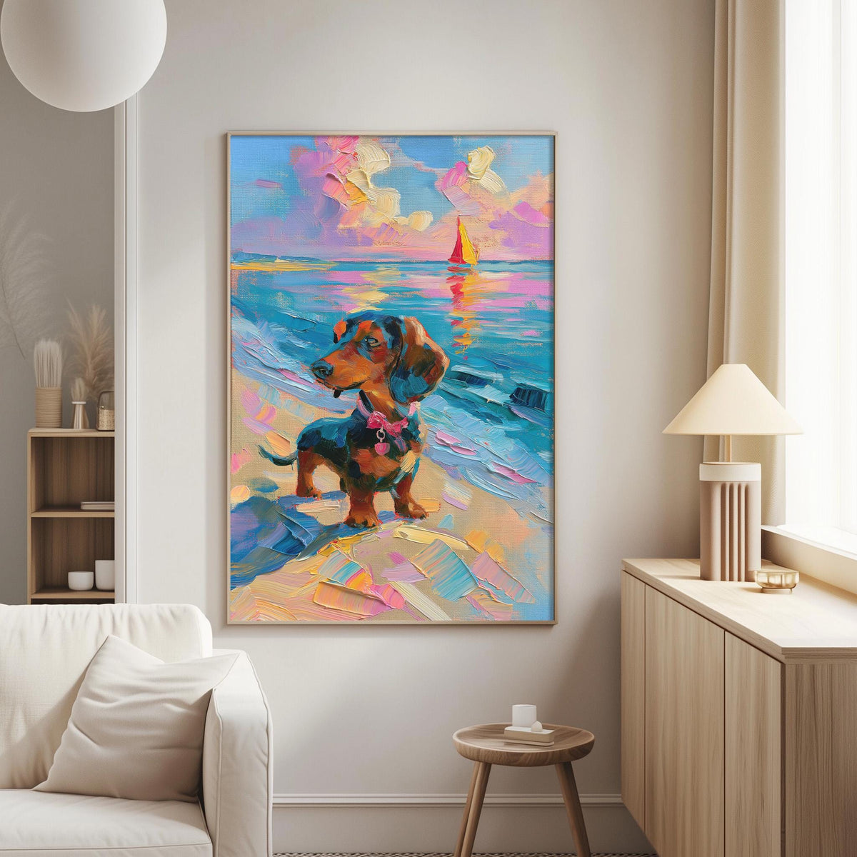 a large painting of a dog on a beach, with a sailboat in the background. The painting is hanging on a wall in a living room setting.