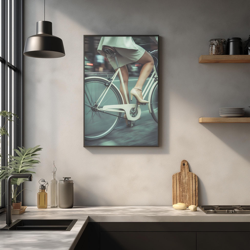 a woman riding a bicycle in a kitchen setting, with a framed photo of a woman on a bicycle hanging on the wall.