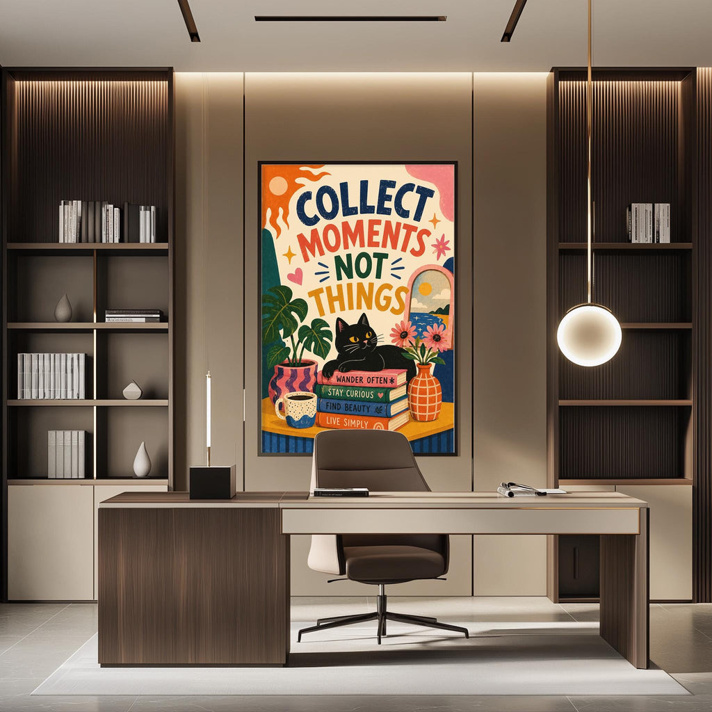 a modern office space with a large poster on the wall that reads "Collect moments, not things". The office has a wooden desk, a chair, and a bookshelf filled with books. The overall design and decor of the space create a professional and creative atmosphere.