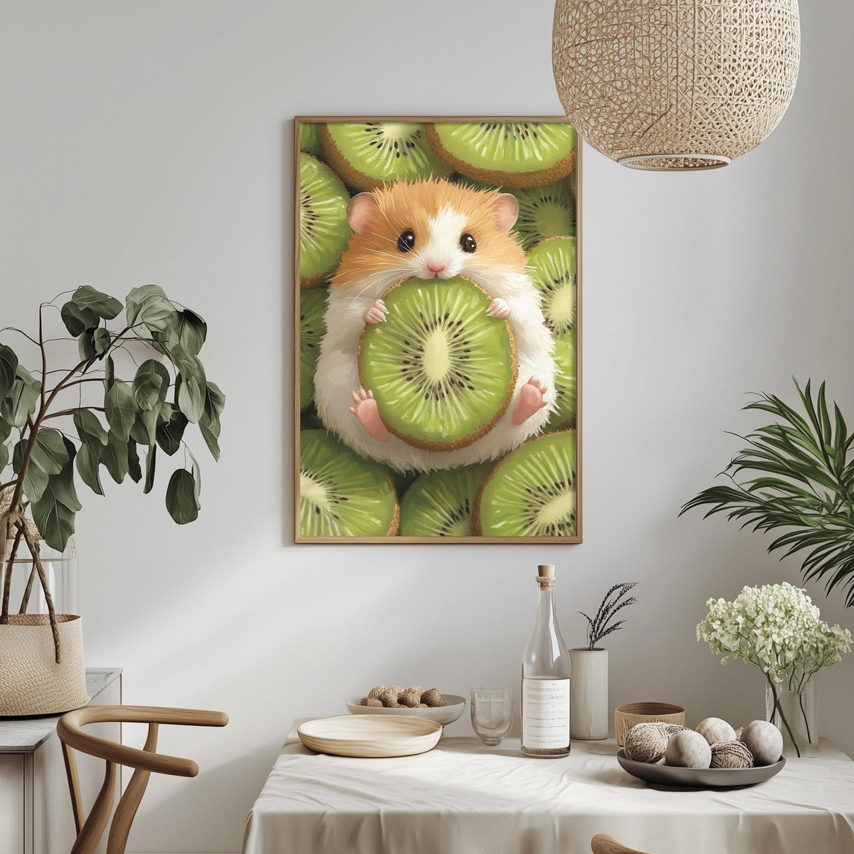 a small hamster holding a slice of kiwi fruit, surrounded by various decorative elements such as potted plants, vases, and bowls.
