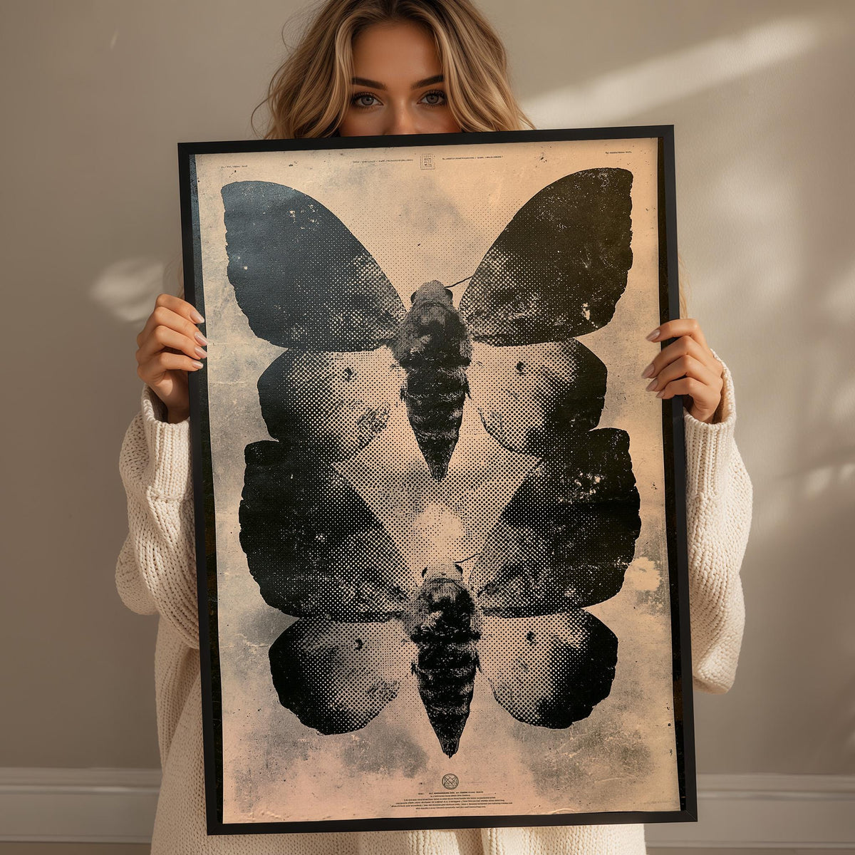 A woman is holding up a framed print of a black and white butterfly.