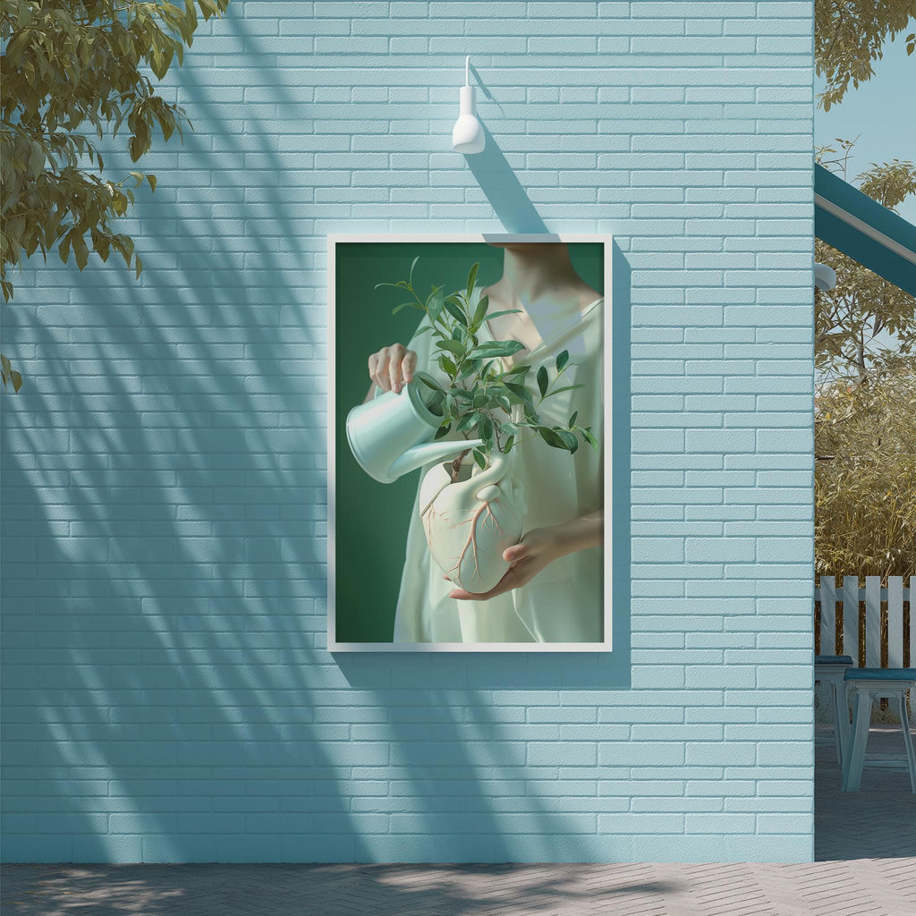 A person is shown watering a plant in a white vase, with a blue wall and a tree in the background.
