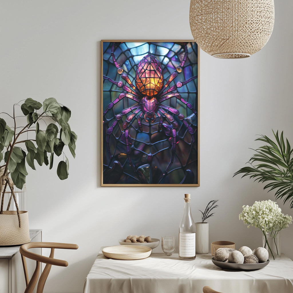 a dining table with a white tablecloth, a bowl of fruit, a bottle, and a vase with flowers. Above the table, there is a framed picture of a spider web with a colorful spider.