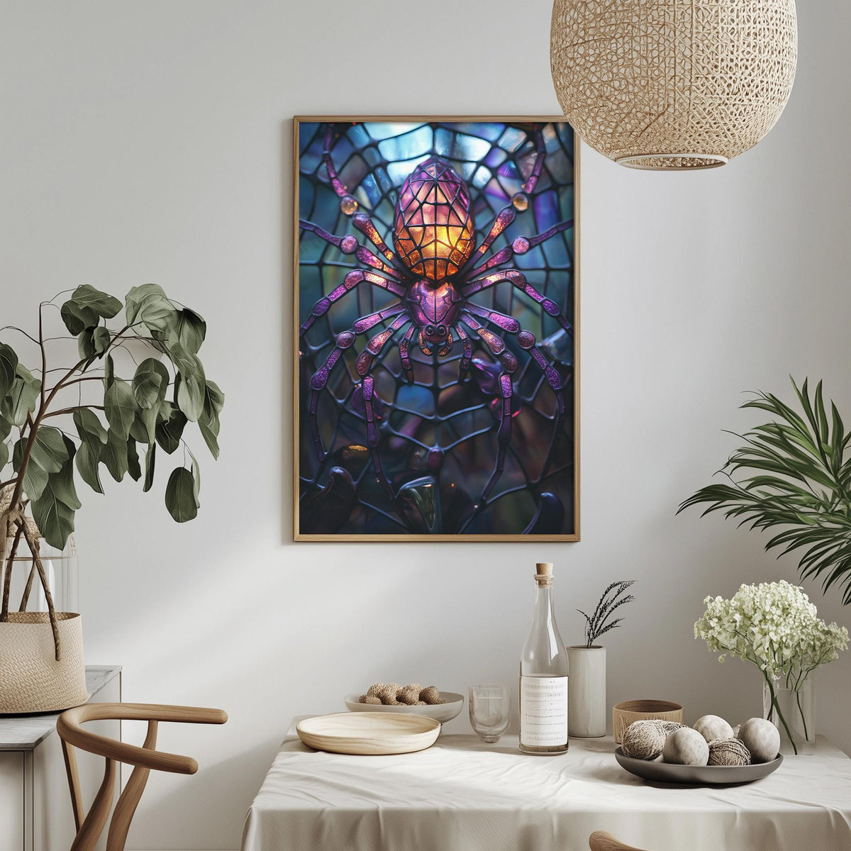 a dining table with a white tablecloth, a bowl of fruit, a bottle, and a vase with flowers. Above the table, there is a framed picture of a spider web with a colorful spider.