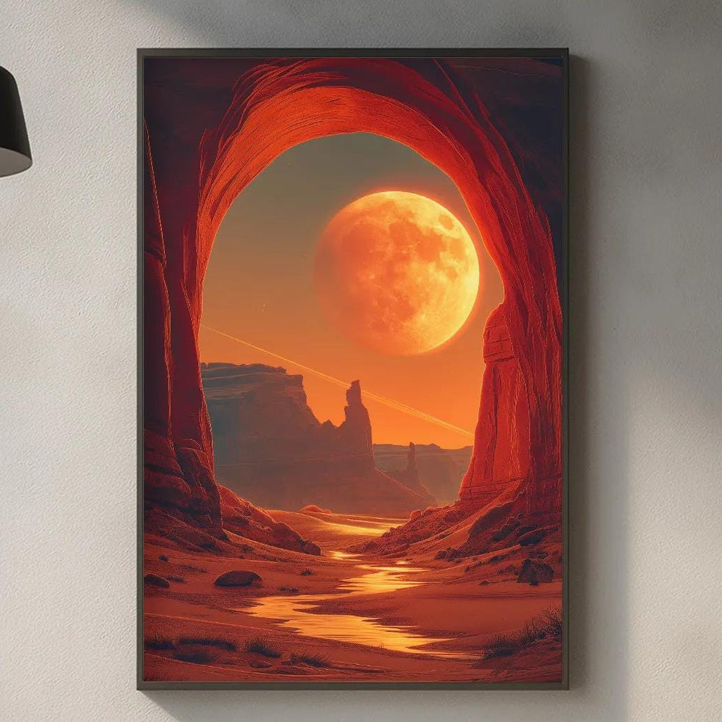 a large framed painting of a desert landscape with a large orange moon in the sky, hanging on a wall above a kitchen counter.