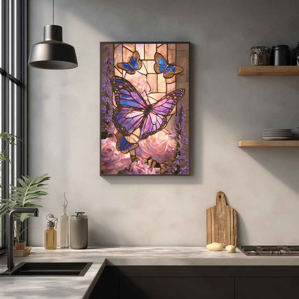 a kitchen counter with a framed painting of two butterflies, one purple and one blue, surrounded by pink flowers and a stained glass window. The painting is hanging on the wall above the counter.