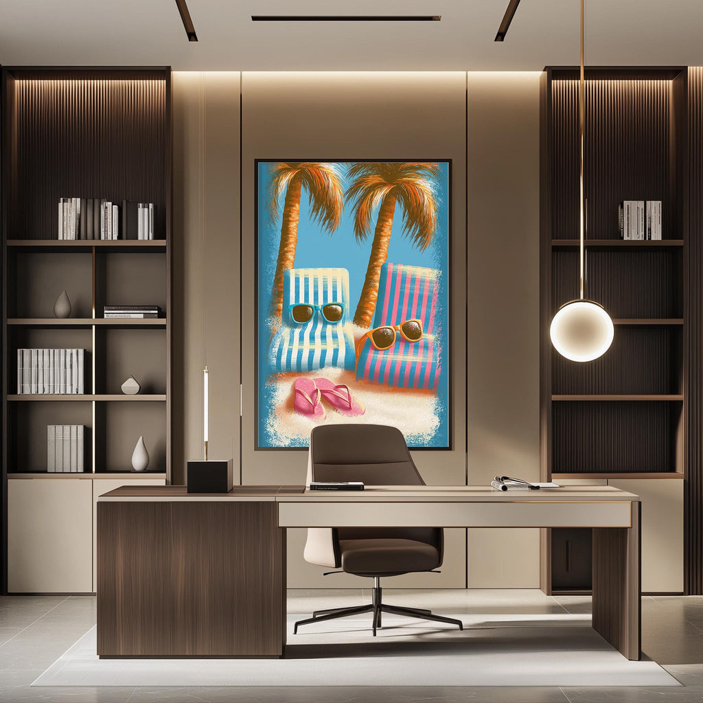 a modern office space with a large framed painting of a beach scene on the wall, featuring two lounge chairs and a pair of sunglasses. The office has a wooden desk and chair, and the overall design has a contemporary and stylish aesthetic.