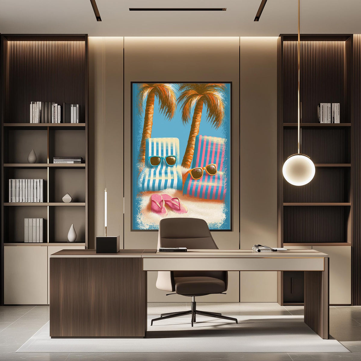 a modern office space with a large framed painting of a beach scene on the wall, featuring two lounge chairs and a pair of sunglasses. The office has a wooden desk and chair, and the overall design has a contemporary and stylish aesthetic.