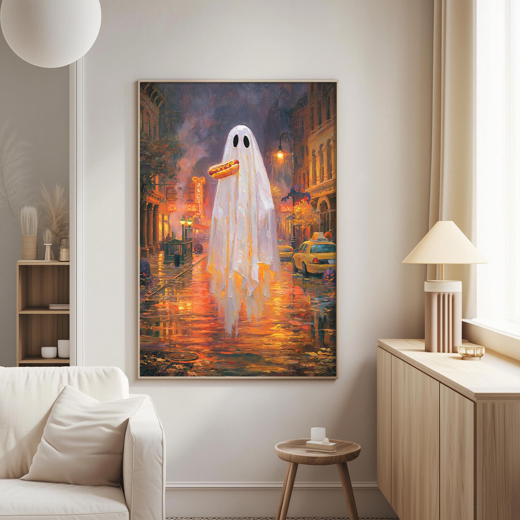 a large, colorful painting of a ghost floating in a city street at night, holding a hot dog.