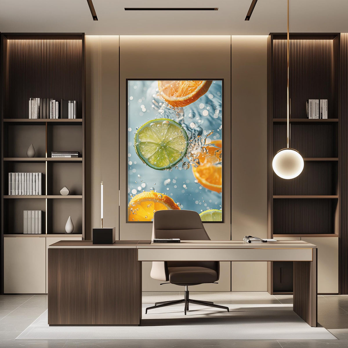 a modern office space with a large framed artwork featuring vibrant orange and green citrus slices on the wall. The office has a sleek, minimalist design with a wooden desk, a comfortable-looking chair, and a pendant light above the desk.