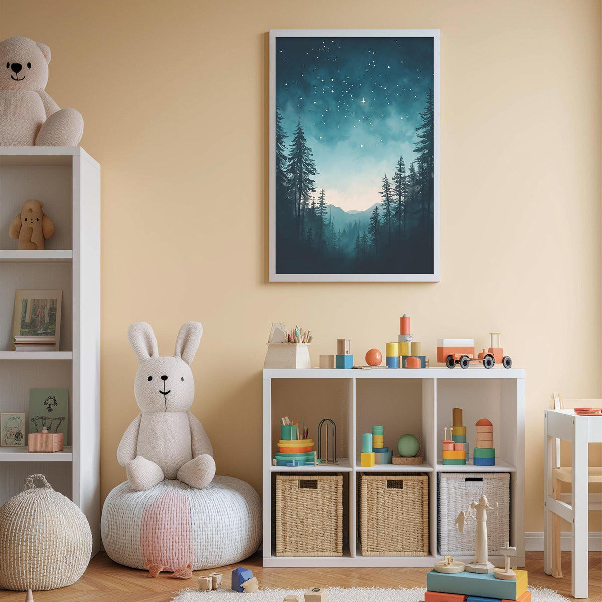 A cozy children's bedroom with a large stuffed bunny, a bookshelf, and a toy chest filled with toys. The walls are painted a light peach color, and a framed picture of a starry night sky hangs above the room.