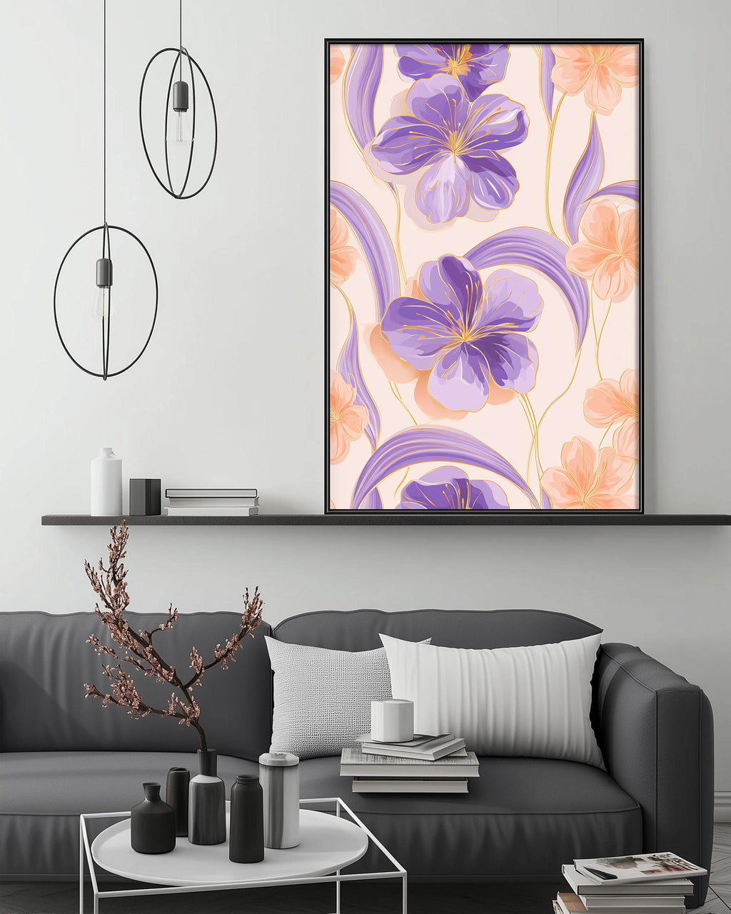 a modern living room with a gray sofa, a coffee table, and a large framed floral print hanging on the wall above the sofa.