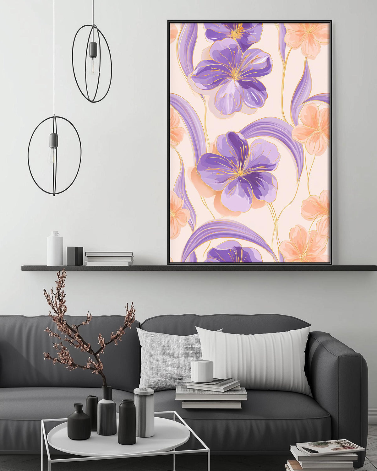 a modern living room with a gray sofa, a coffee table, and a large framed floral print hanging on the wall above the sofa.