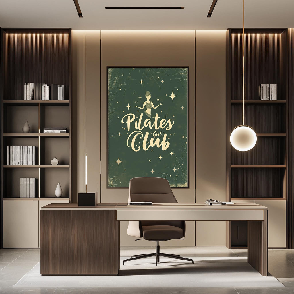 a modern office space with a desk, chair, and bookshelves. A large poster or artwork with the text "Pilates Club" is displayed on the wall above the desk.