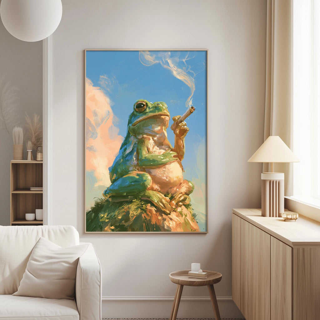 a large painting of a frog sitting on a rock and smoking a cigarette.
