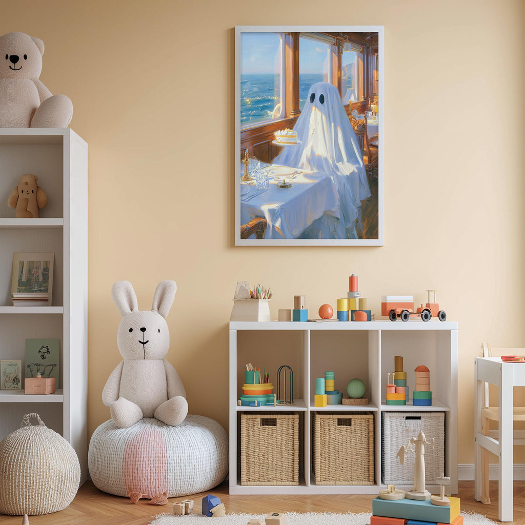 a cozy and colorful children's bedroom with a large framed picture of a ghost on the wall, a white bookshelf filled with toys, and a plush bunny sitting on a bean bag chair.