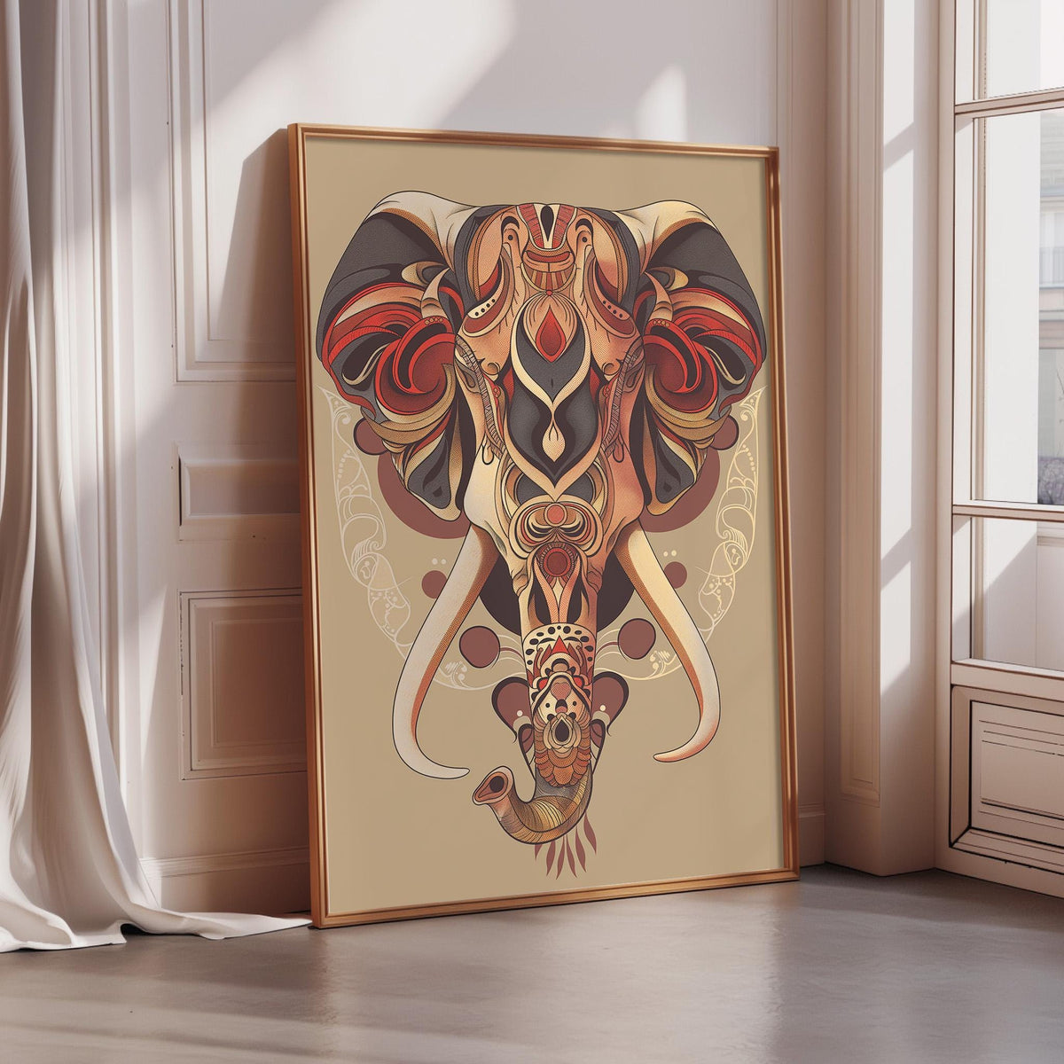 a large, ornate, and colorful painting of an elephant's head, which is displayed on a wall in a room.