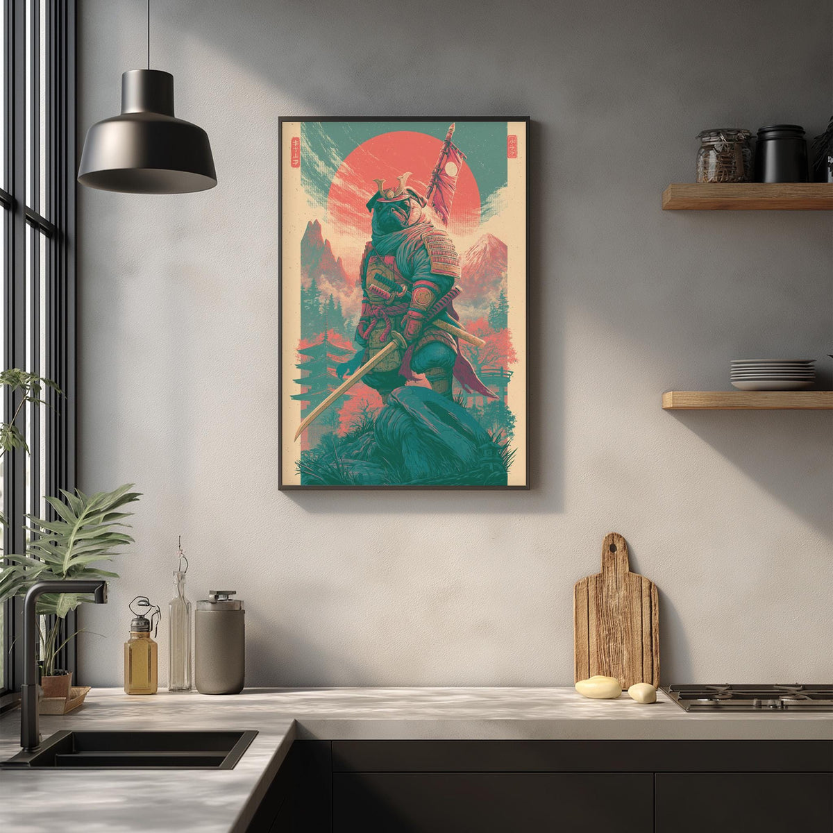 a kitchen counter with various items on it, including a cutting board, a bottle, and a vase. Above the counter, there is a framed poster depicting a warrior figure holding a sword and shield, set against a colorful background.