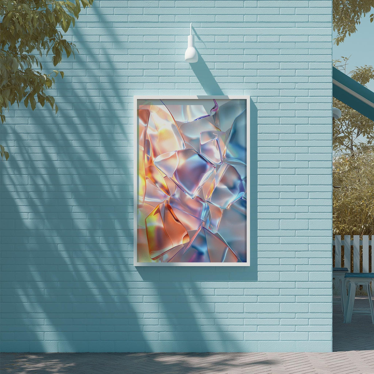 a vibrant abstract painting displayed on a blue brick wall, with a white light fixture above it.