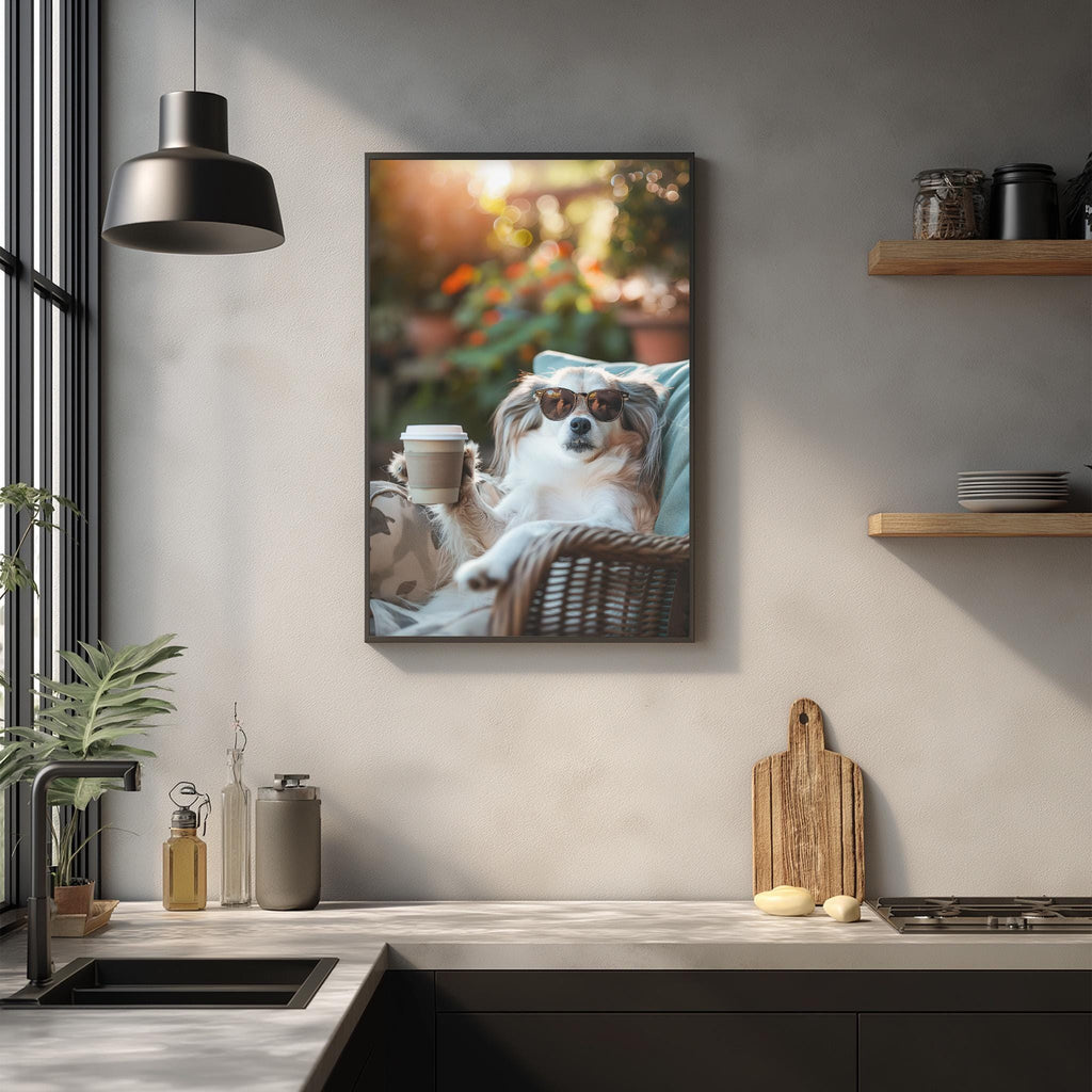 A framed photo of a dog sitting in a wicker chair, wearing sunglasses, and holding a cup of coffee, is displayed on the wall above a kitchen counter.
