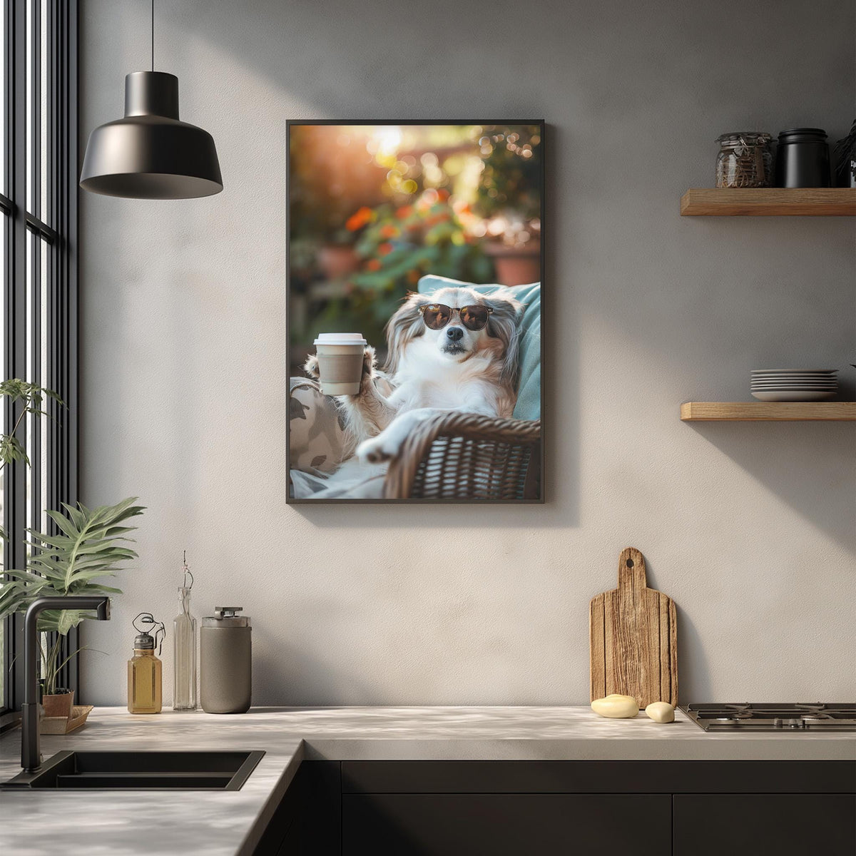 A framed photo of a dog sitting in a wicker chair, wearing sunglasses, and holding a cup of coffee, is displayed on the wall above a kitchen counter.