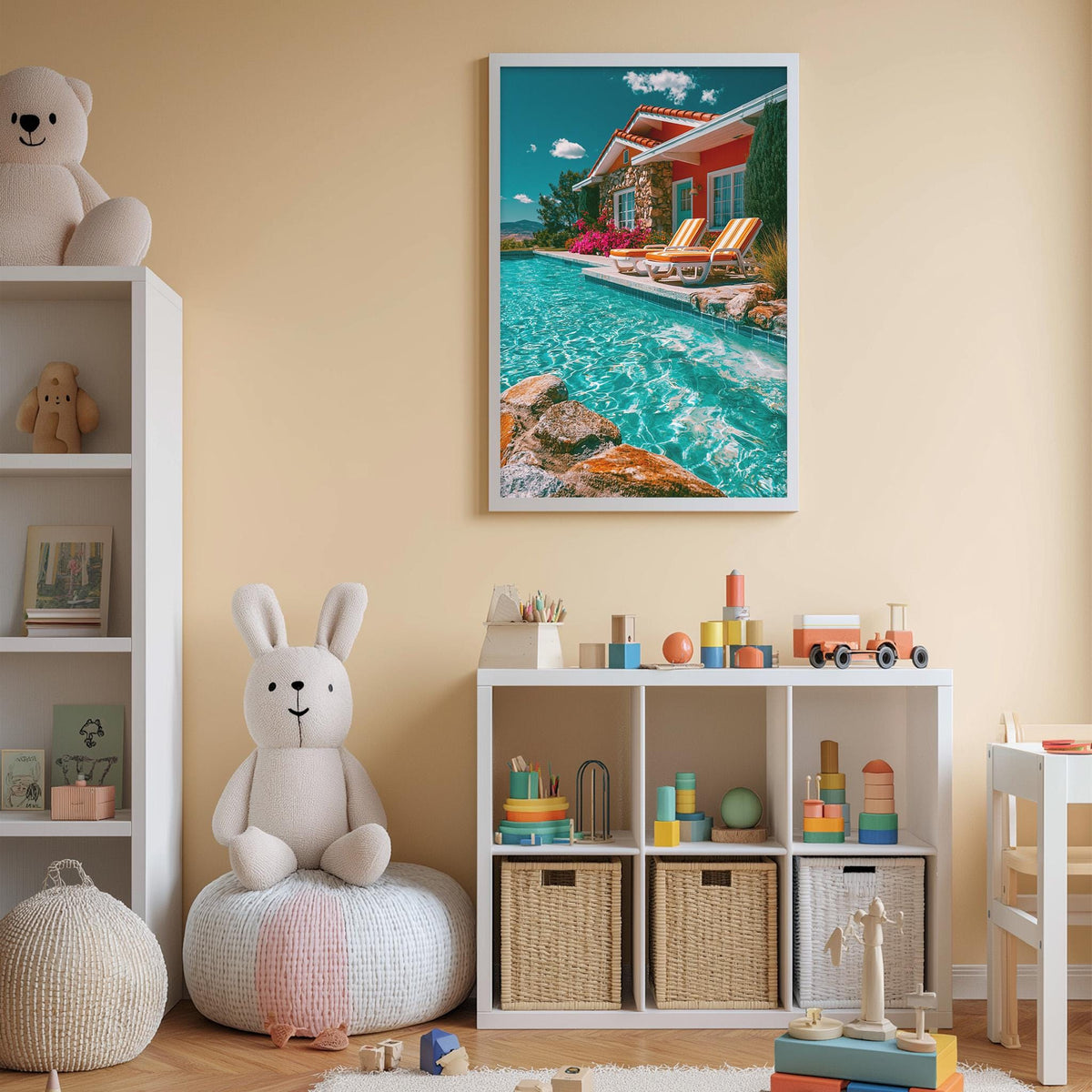 A child's bedroom with a large pool, colorful toys, and a stuffed rabbit. The room has a cheerful and playful atmosphere, with a framed picture of a pool and a red house on the wall.