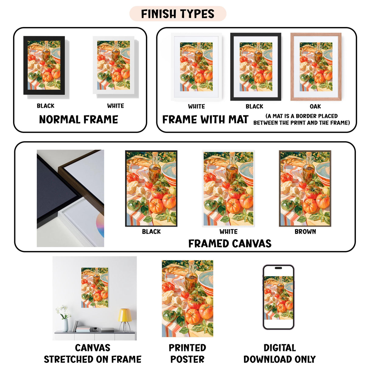 The image is a collection of different finish types for a framed canvas print, including black, white, black, oak, white, framed canvas, and digital download only.