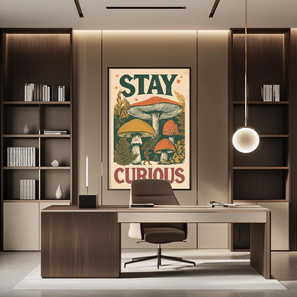 a modern office space with a large mushroom-themed poster on the wall, a wooden desk with a chair, and a bookshelf filled with books.