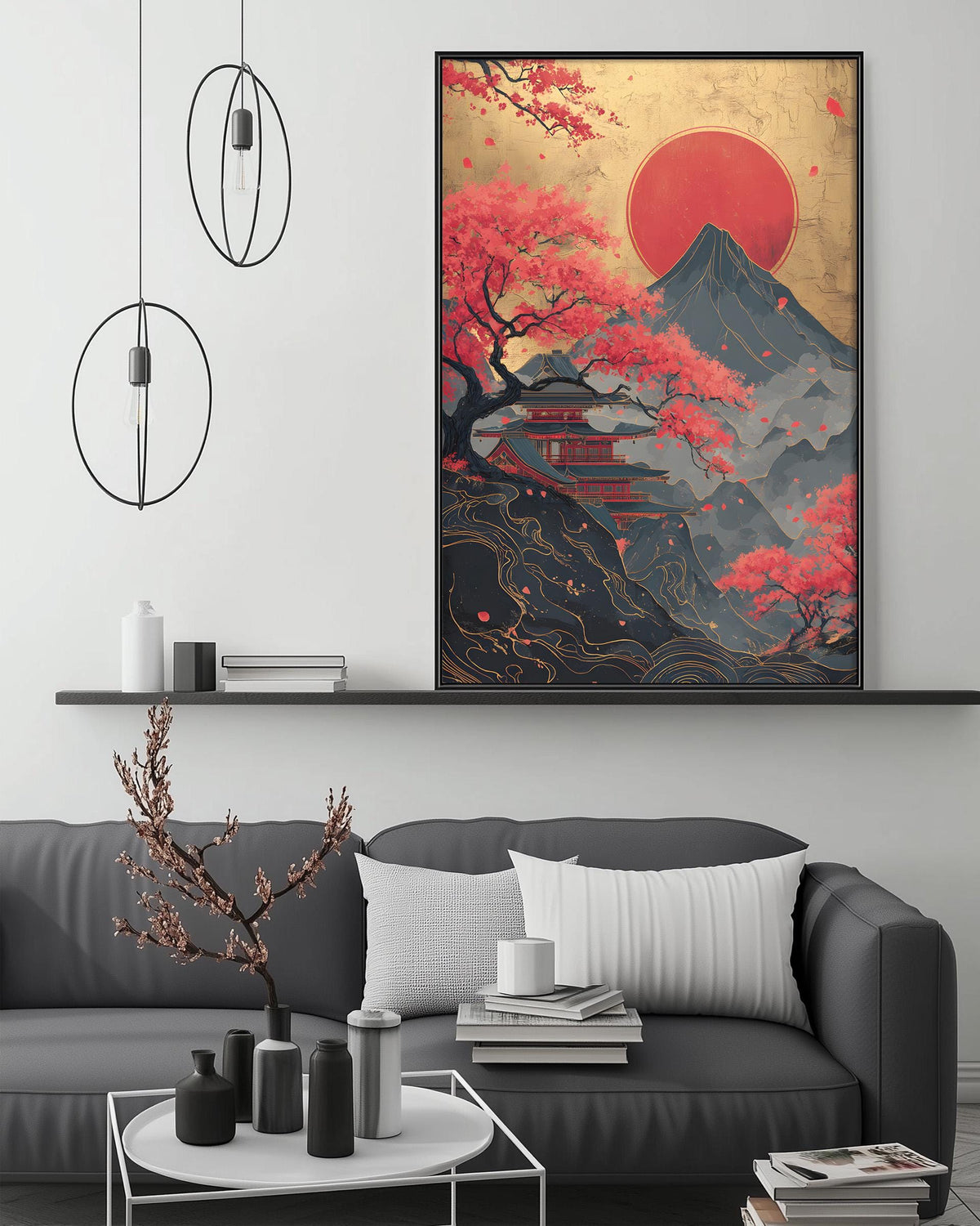a modern living room with a gray sofa, a coffee table, and a large framed artwork depicting a serene landscape with a mountain, cherry blossom trees, and a temple.