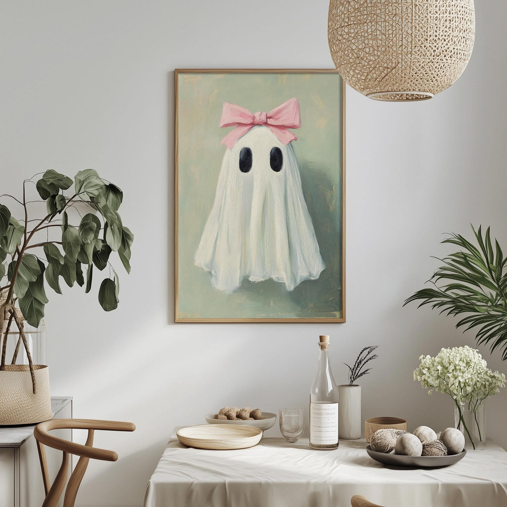 a framed painting of a ghost with a pink bow on a white background, hanging on a wall above a table with various items on it.