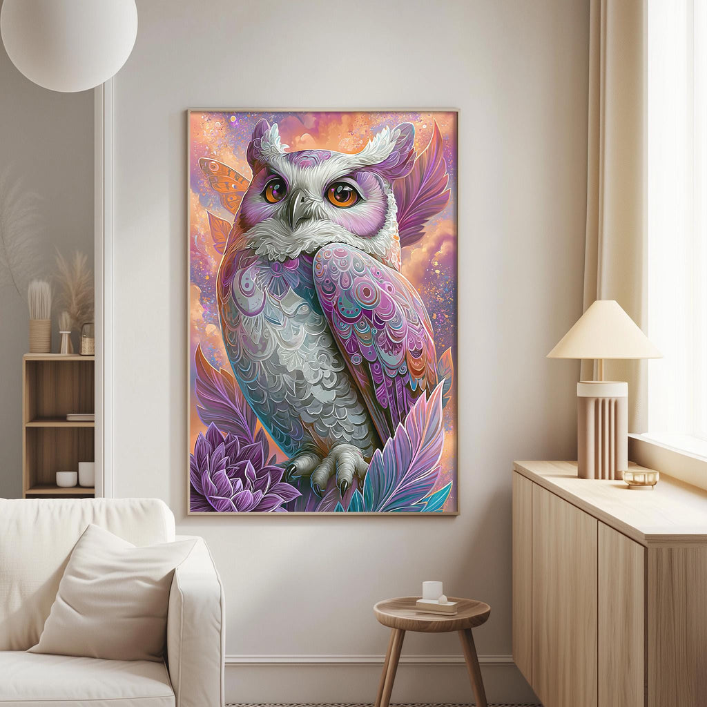 a large, colorful painting of an owl hanging on a wall in a living room.