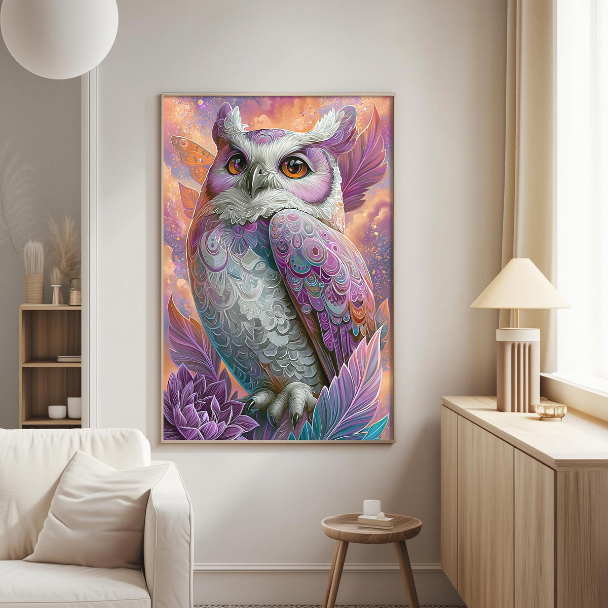 a large, colorful painting of an owl hanging on a wall in a living room.