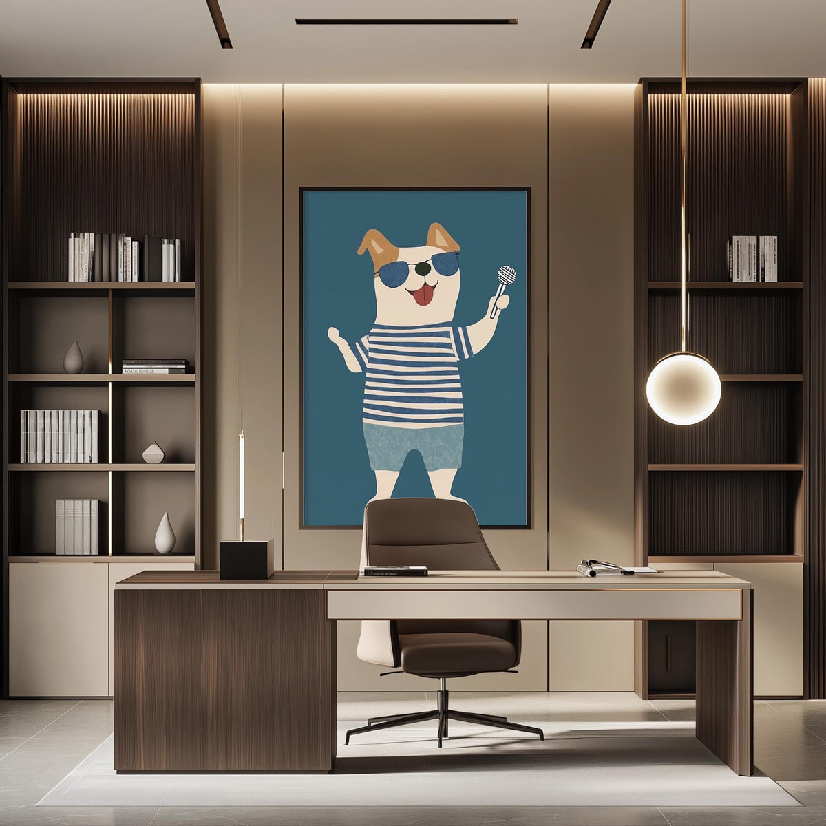 a modern office space with a large framed illustration of a dog wearing sunglasses and holding a microphone, positioned in the center of the room. The office has a wooden desk, a chair, and a bookshelf filled with books and various decorative items.