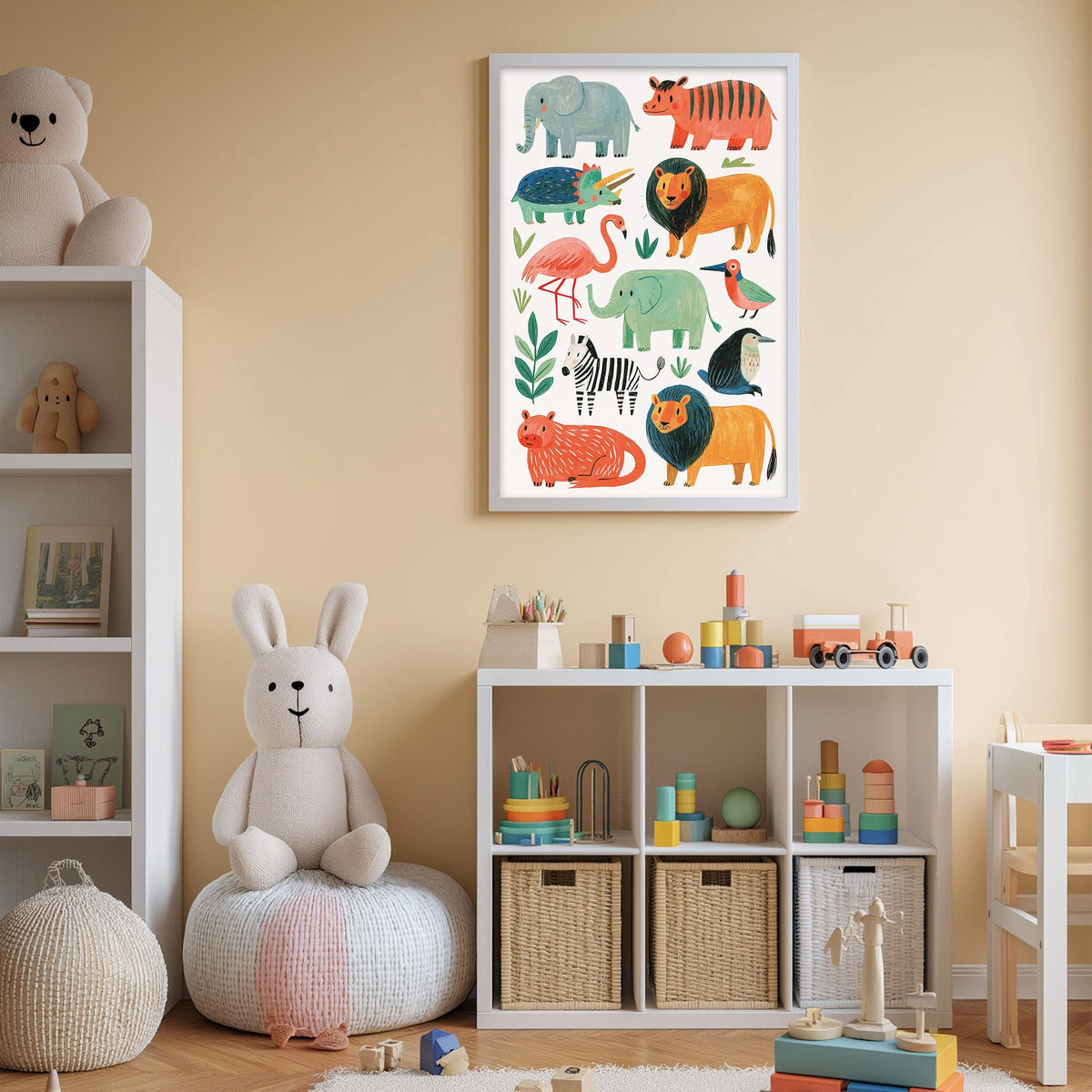 A child's bedroom with a white bookshelf, a stuffed rabbit, and a colorful poster of various animals on the wall.